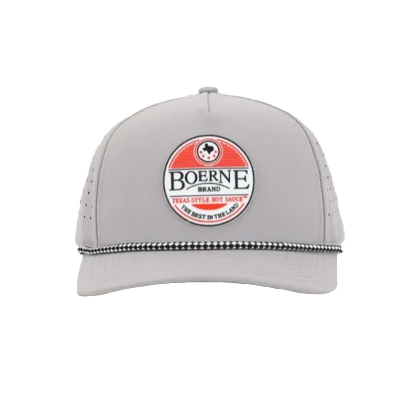 Front view of gray Boerne Brand Texas Style Hot Sauce hat