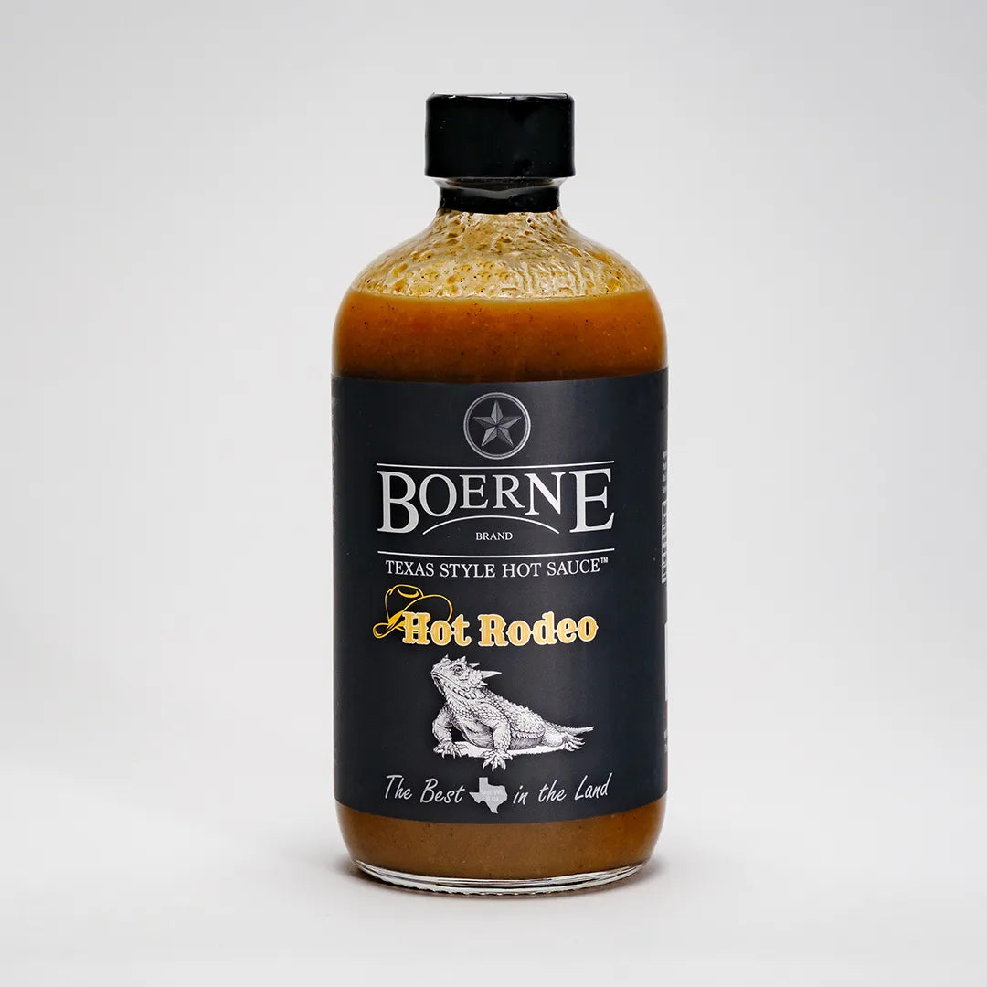 Boerne Brand Hot Rodeo smoky Texas-style hot sauce bottle