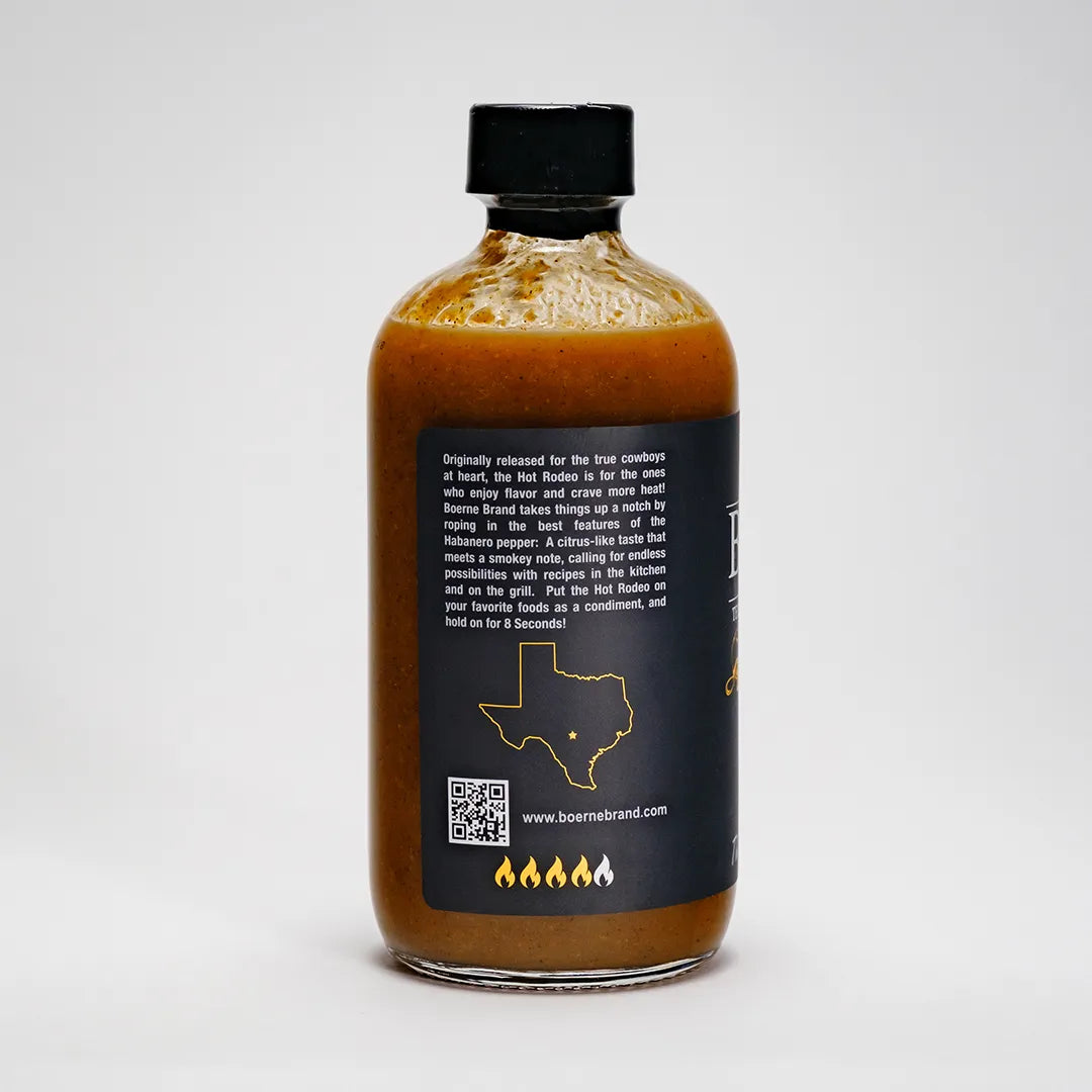 Side label view of Boerne Brand Hot Rodeo Texas-style hot sauce bottle