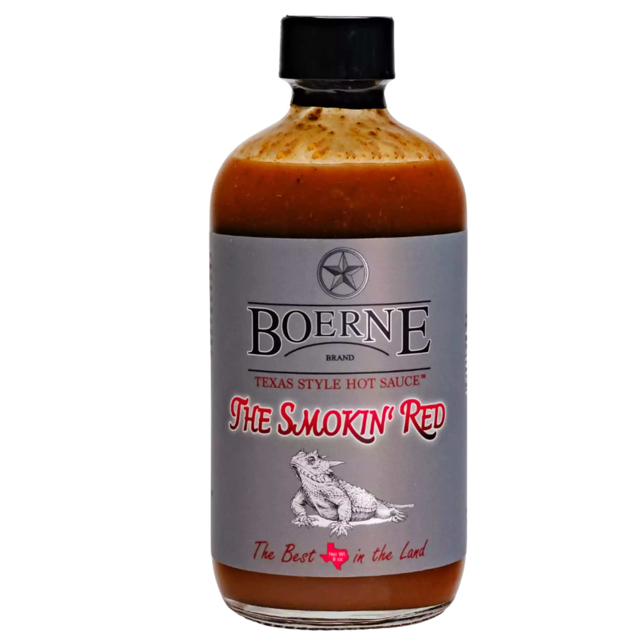 Boerne Brand Smokin Red Texas-style hot sauce bottle