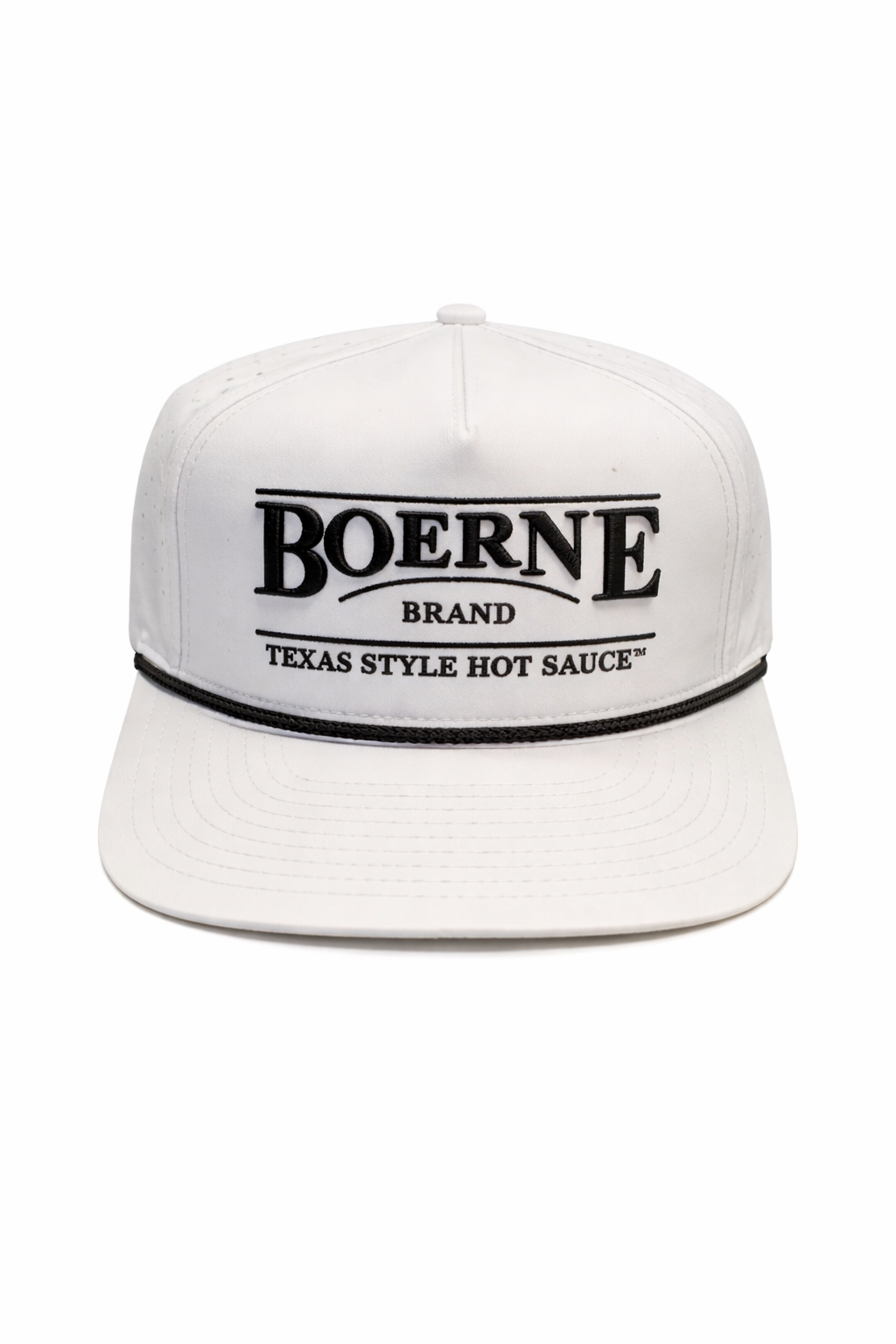 White Boerne Brand Texas Style Hot Sauce snapback hat with embroidered logo