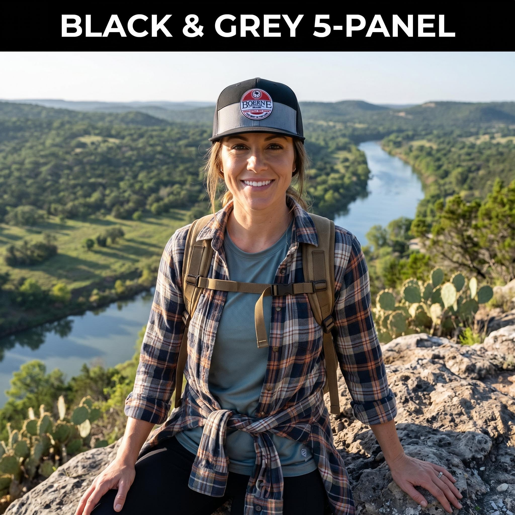 Black & Grey 5-Panel — Boerne Brand Texas Gift Box lifestyle, four 8oz bottles