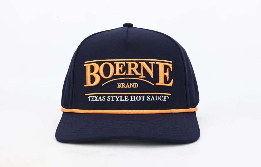 Front view of Boerne Brand Texas Style Hot Sauce navy snapback hat